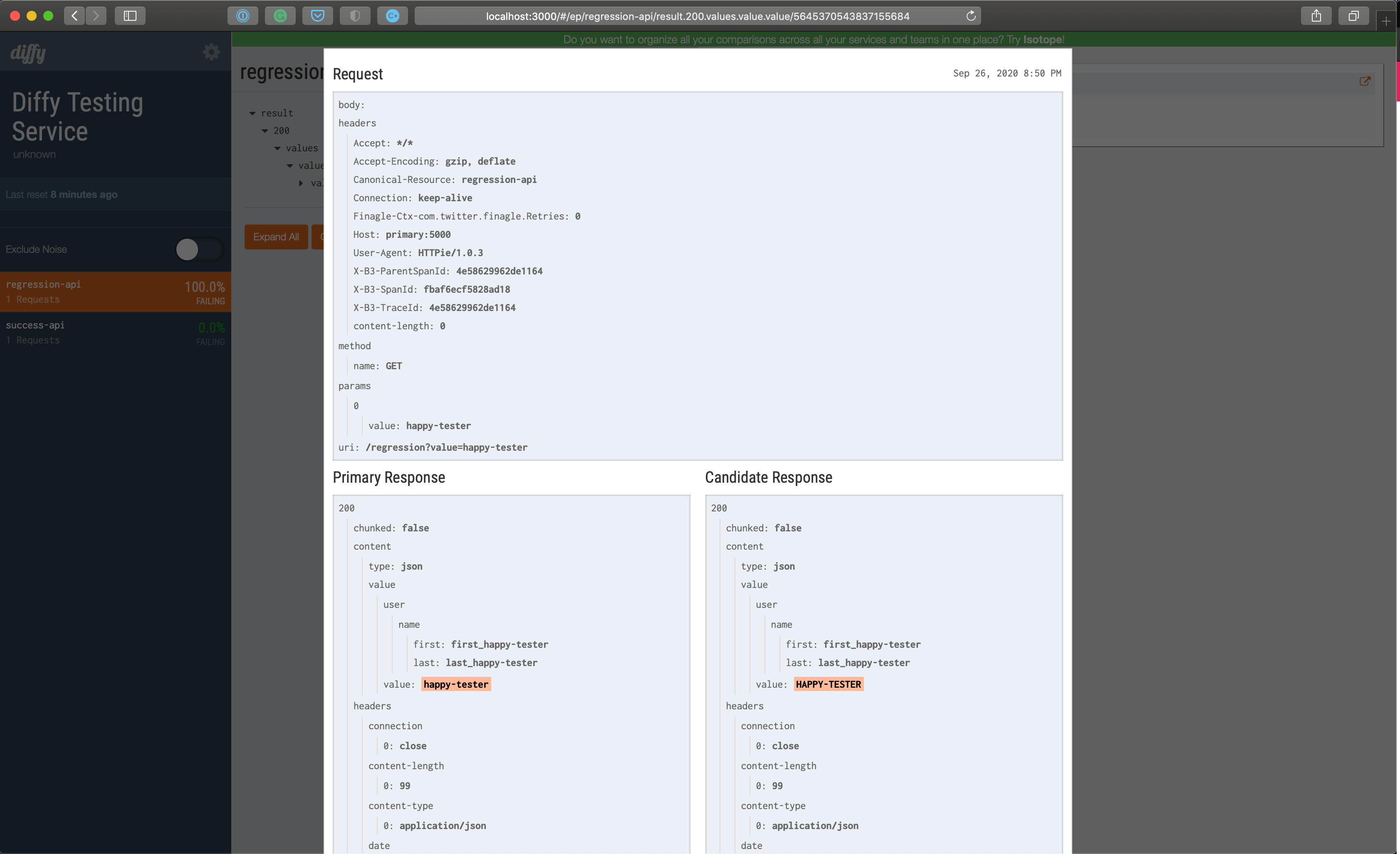 Diffy Admin image focusing on exactly the data that was different in the response between a primary application and the candidate.