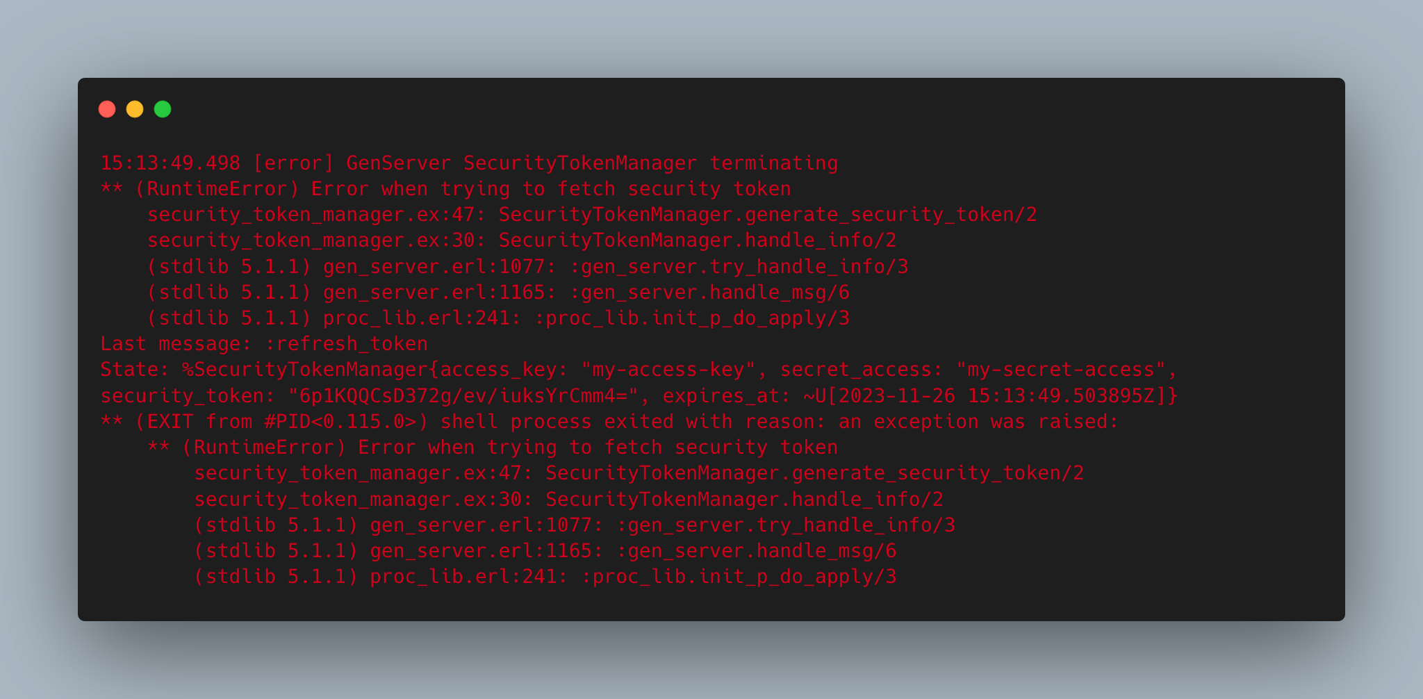 Error log output from the SecurityTokenManager GenServer. The server is terminating due to a RuntimeError that occurred while trying to fetch a security token. The error details, including the function calls leading to the error and the state that reveals sensitive data, are displayed.